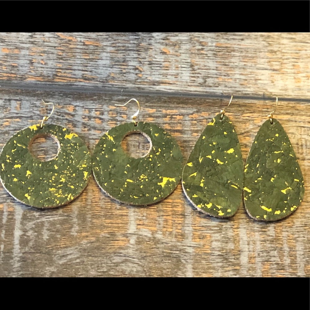 Green Cork Leather Earrings w/gold flecks